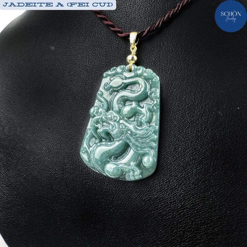สีสด PDJ-MDR-DBL จี้หยกแกะลายมังกร จี้มังกรหยก หยกแท้ Jadeite A พร้อมสร้อยเชือกร่มสำหรับร้อยขึ้นคอ