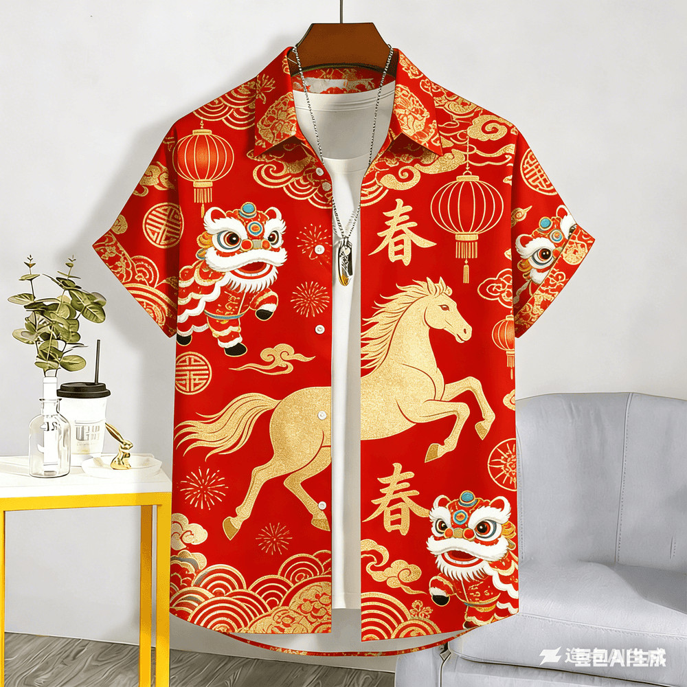 เสื้อเชิ๊ตสั้นแขนสำหรับผู้ชาย เหมาะสมสวมใส่ในเทศกาลตรุษจีน หรือใช้งานประจำวันในฤดูร้อน