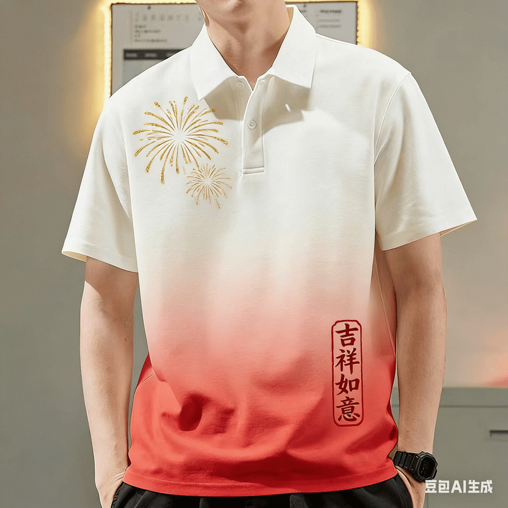 เสื้อโปโลแขนสั้นสีแดงสำหรับผู้ชาย ในสไตล์ลำลอง เหมาะสมสำหรับใส่นอกบ้าน เป็นเครื่องแต่งกายตรุษจีน