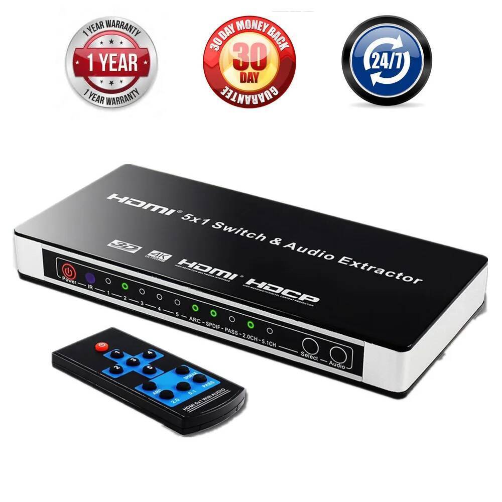 5 พอร์ตสวิตช์ HDMI Audio Extractor 4K 5x1 1.4 สวิตช์ HDMI พร้อม ARC & IR Remote HDMI Switch RCA Spli