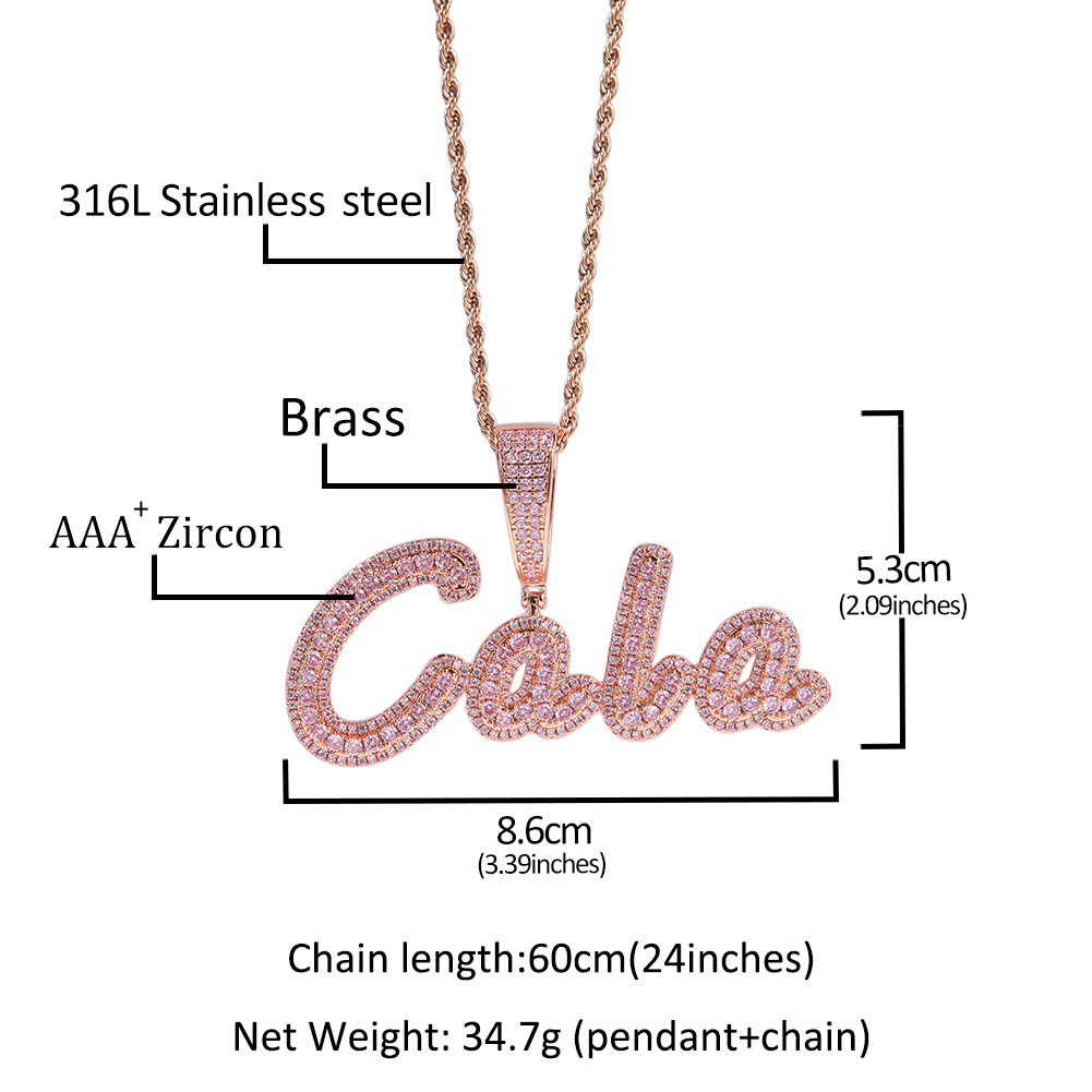 KING THE BG Custom Brush Script Letter Two Tone Pendant Micro Paved CZ Personalized Name Plate Neck