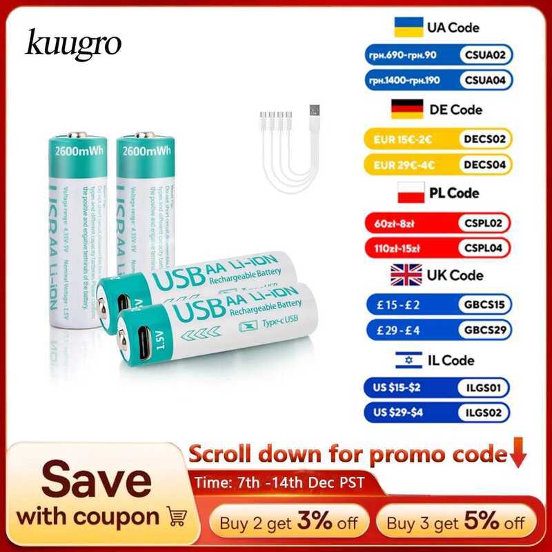 C Kuugro USB 1.5V 2600Mwh AA Rechargeable Battery Type-C Rechargeable Aa Lithium Battery For Remote