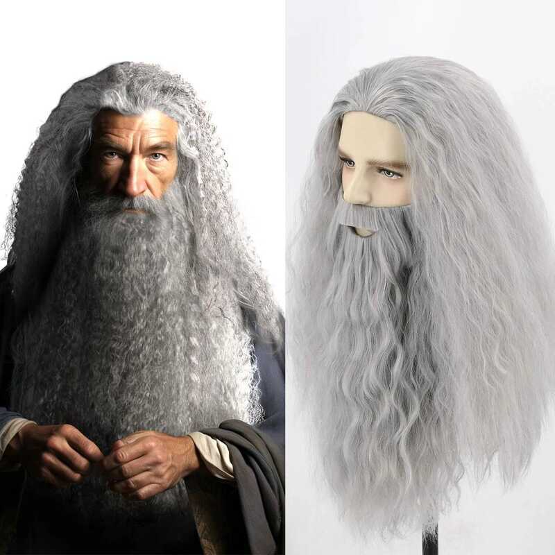 C Gandalf Cosplay Wig Men Wig And Beard Set Long Gray Cosplay Synthetic Wizard Wig The Hobbit Ganda