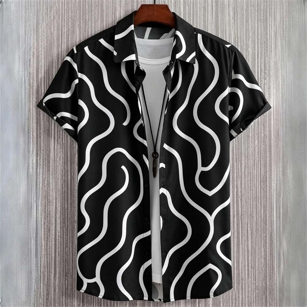 เสื้อฮาวายผู้ชาย สไตล์Streetwear พิมพ์ลายPsychedelic Curve ระบายอากาศได้ดี