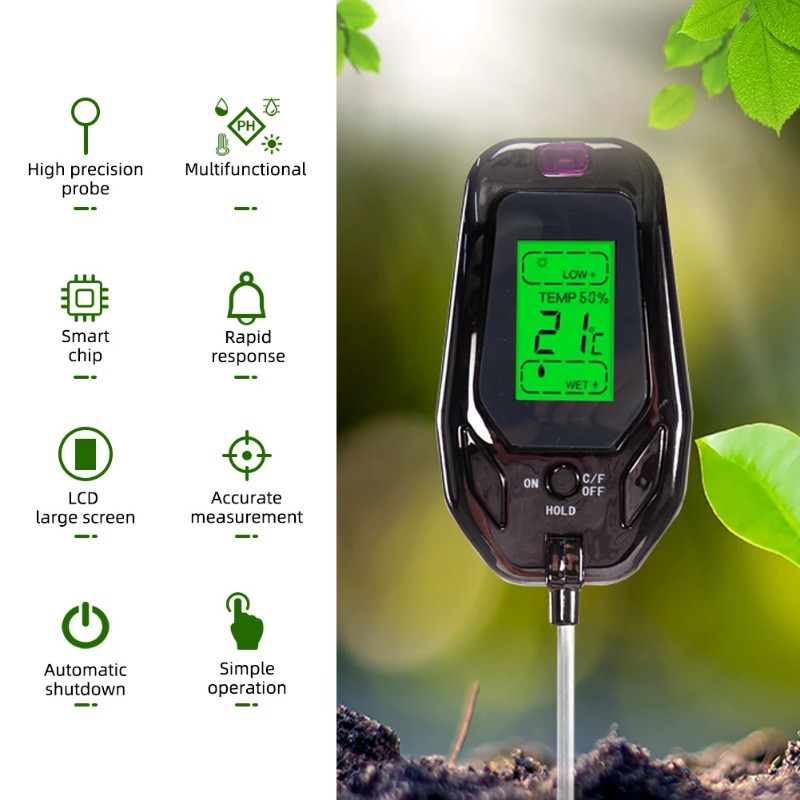 5 in 1 Soil pH Meter Tester Digital Temperature/Humidity/Sunlight/Moisture Garden Soil Acidity Anal
