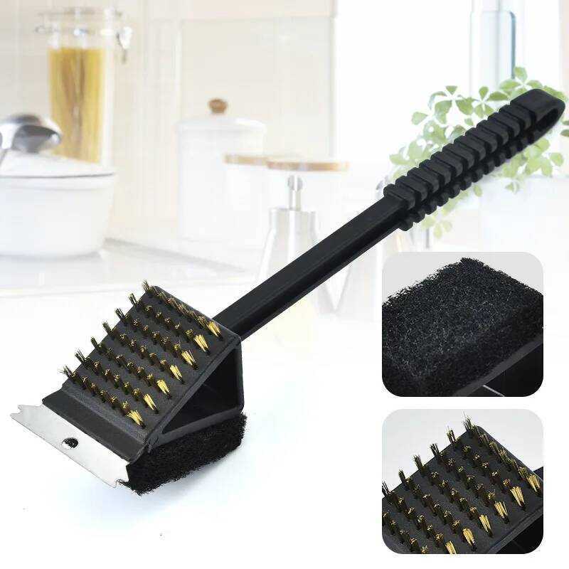 C 3 In 1 BBQ Wire Brush Barbecue Grill Oven Cleaning BBQ Brush Copper Wire Sponge Shovel Long Handl