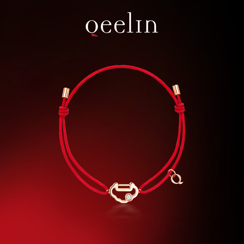 [พร้อมกล่องบรรจุภัณฑ์] Qeelin Kirin Yu Yi Series สร้อยข้อมือสตริงสีแดงขนาดเล็ก Ruyi สีทอง 18K