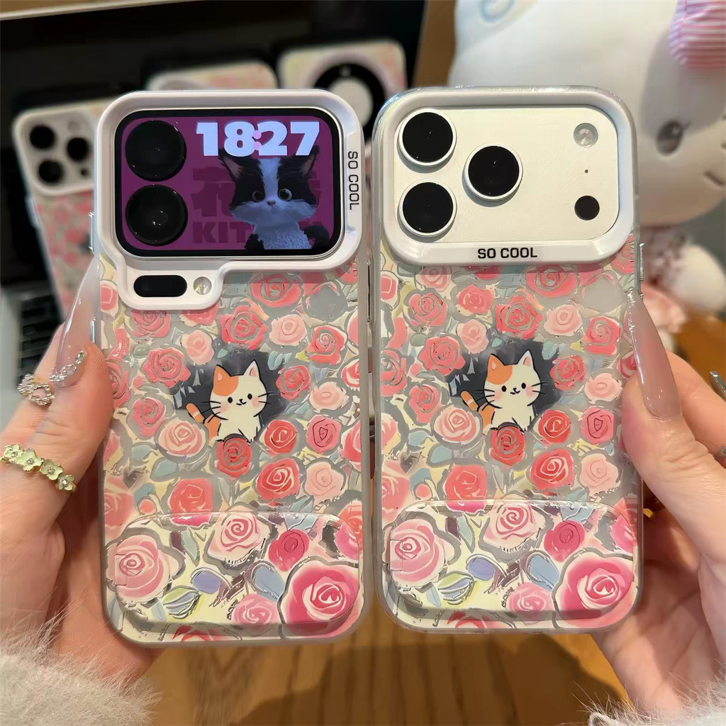 ดอกไม้สีชมพูลูกแมวน่ารักกันกระแทกเคสโทรศัพท์พร้อมกระจกที่วางโทรศัพท์สําหรับRedmi K40 Pro A2 Plus K80