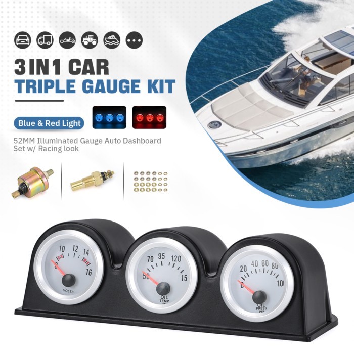 2'' 52MM Triple Gauge Kit Oil Pressure Gauge Oil Temp Gauge Water Temp Gauge Voltmeter Tachometer U