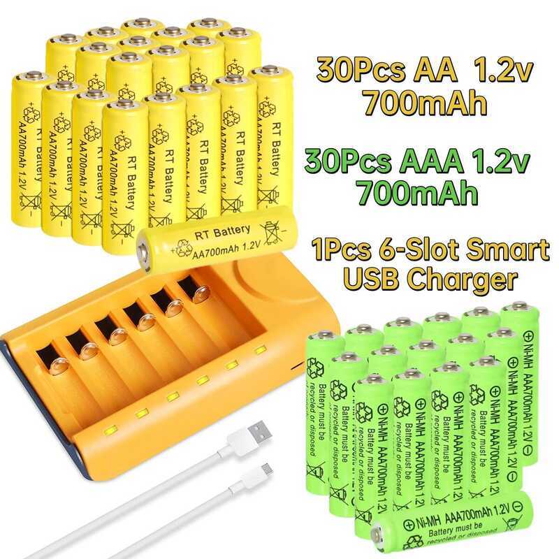C Skywolfeye 30Pcs/24Pcs/18Pcs/12Pcs/6Pcs AA AAA Nimh 1.2V 700Mah Rechargeable Battery Set With 6 S