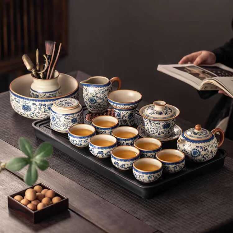 2024 สีฟ้าสีขาว Beige Ru เตาเผา Kung Fu ชุดชาในครัวเรือนหรูหรา High-End เซรามิคจีนกาน้ําชา Teacup