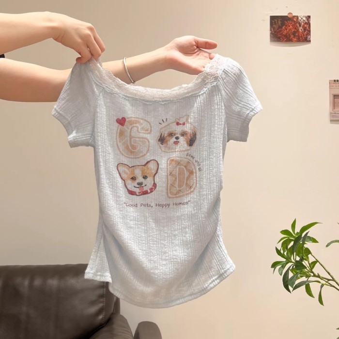 เสื้อยืดผู้หญิงทรงกระชับเทรนด์ใหม่ พิมพ์ลายแอปริคอทสุนัข รูปที่ 2