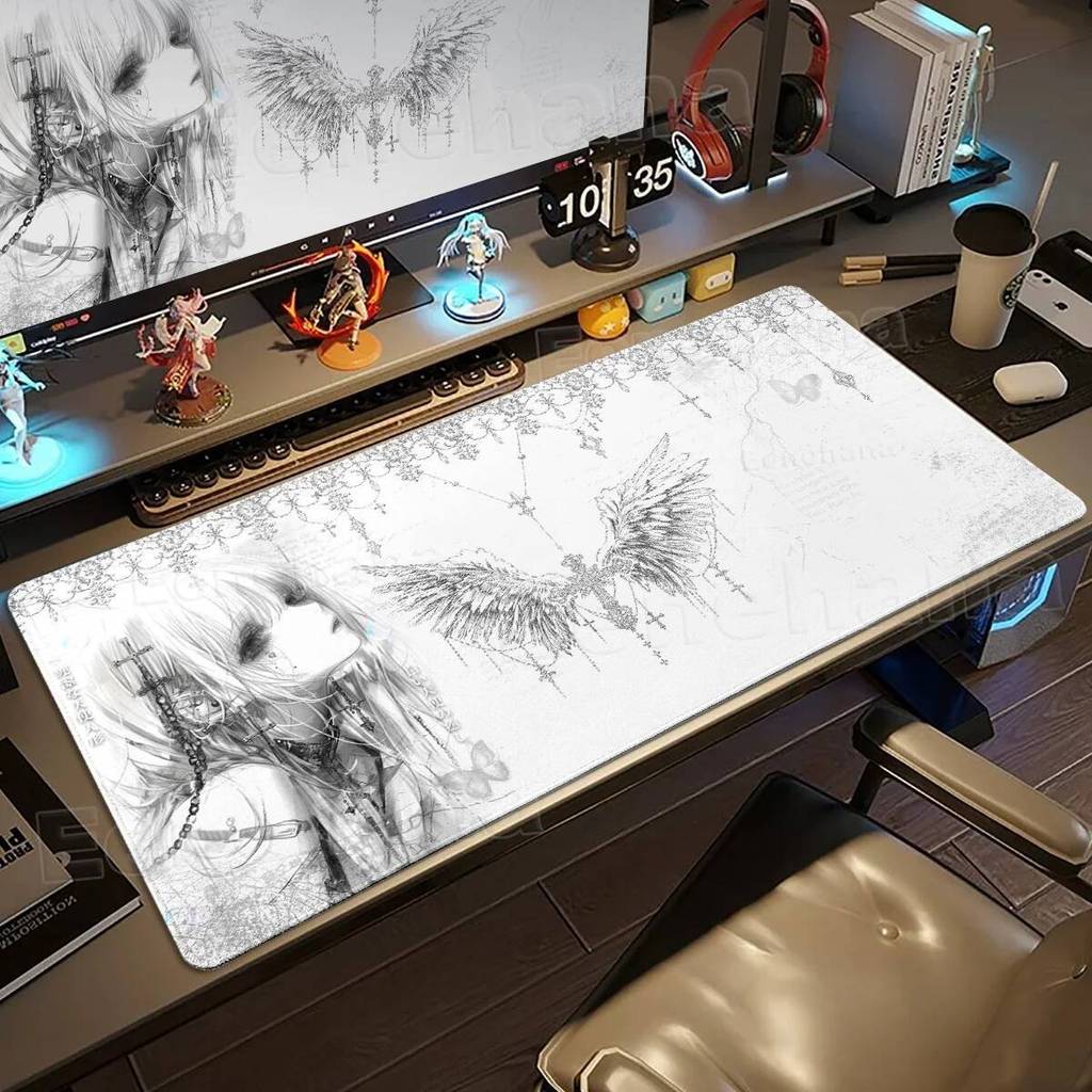 สีดําสีขาว Angel แผ่นรองเมาส์ขนาดใหญ่ PC Gaming อะนิเมะ Pretty Girl DeskMat XXL การ์ตูนแล็ปท็อปคีย์บอร์ด Gamer อุปกรณ์เสริม Office Setup