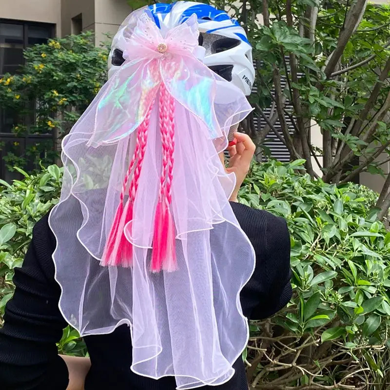 Motorcycle Helmet Bow Veil Bicycle Helmets Wedding Dress Scooter Helmet Braid Wig Helmet Decoration