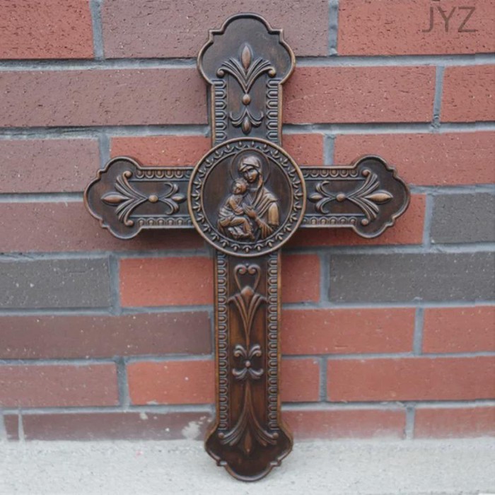 Virgin Mary Holding Baby Jesus Cross, Wood Carving Birth of Jesus Religious Figure Catholic Wall Cr