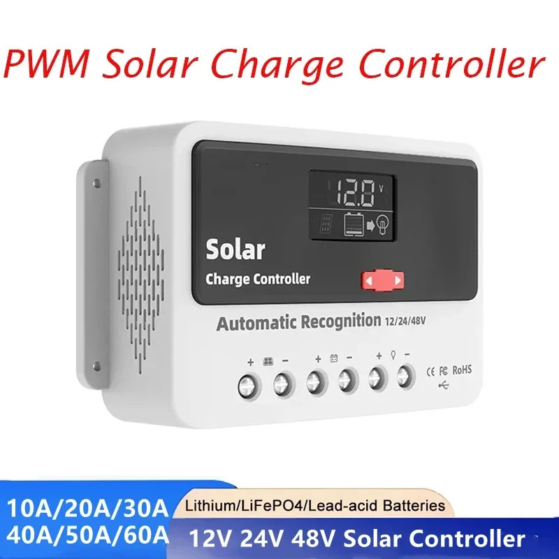 PWM Solar Charge Controller 10A-60A 12V/24V/48V Auto Dual USB Solar Panel Battery Regulator for Lea