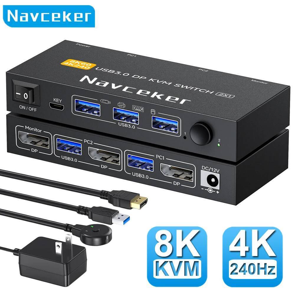 Navceker 4K 240Hz DisplayPort KVM Switch 2 พอร์ต 8K 60Hz DP Video USB Switcher สําหรับ 2 Desktop PC 