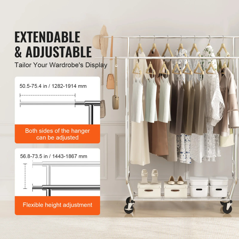 VEVOR Clothing Garment Rack Heavy Duty Clothes Rack Adjustable Length Clothes Rack w/ Bottom Shelf
