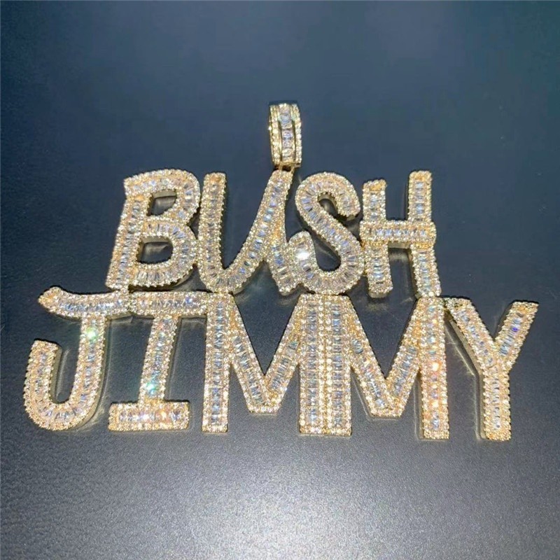 Hip Hop Square CZ Cursive Initial Letter Pendant Gold Custom Name Necklace Women Men Rapper Bling B