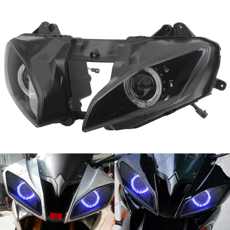 Motorcycle Custom Headlamp Blue Angel Eyes LED Lo/Hi Beam Headlight Assembly Projector Head Lamp Fo