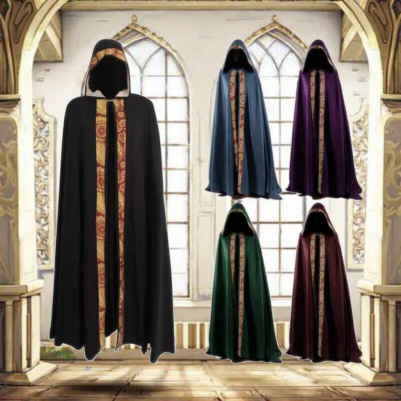 C Vintage Unisex Medieval Cosplay Cl Hooded Print Coat Gothic Cape Coat Long Trench Halloween Cospl