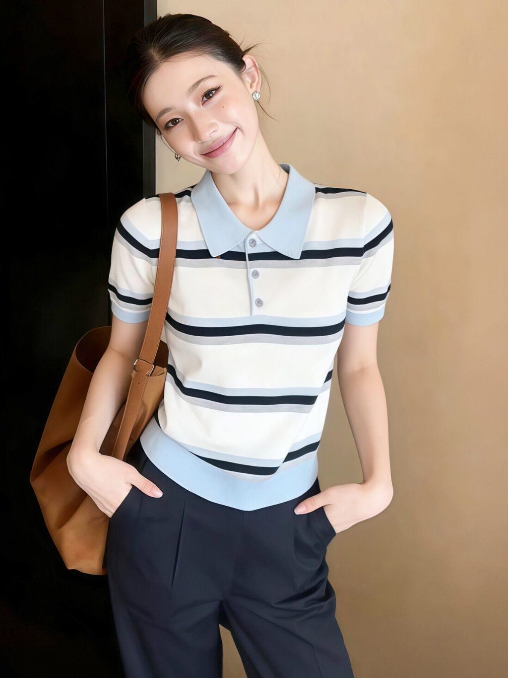 เสื้อยืดแขนสั้นผ้าถักทรงเข้ารูป พิมพ์ลายน่ารัก stripes และ color-blocking100722