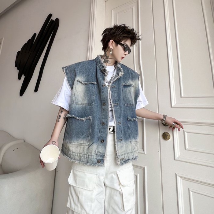 Frayed Denim Vest Men Distressed Vest Washed Premium Vest เสื้อกั๊กผู้ชาย