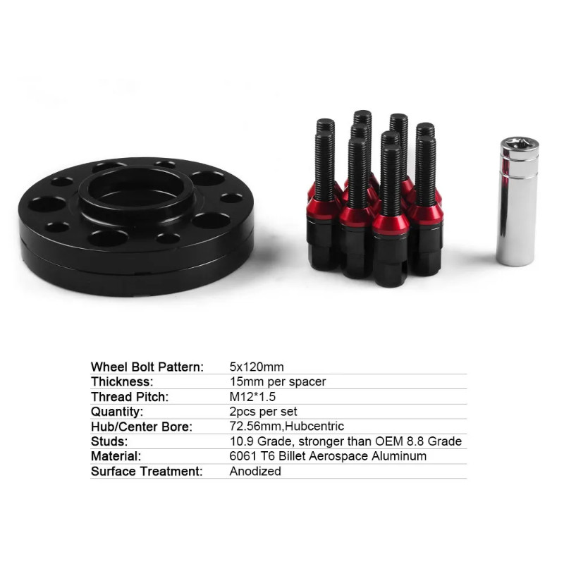 2PC 15mm 5x120mm Hubcentric Wheel Spacers 72.56mm Thread Pitch M12x1.5 with Lug Bolts For BMW E36 E