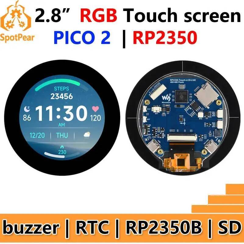 Raspberry Pi Pico 2 RP2350B 2.8 นิ้ว LCD Development Board RGB Display Round TouchScreen 480x480 LVG
