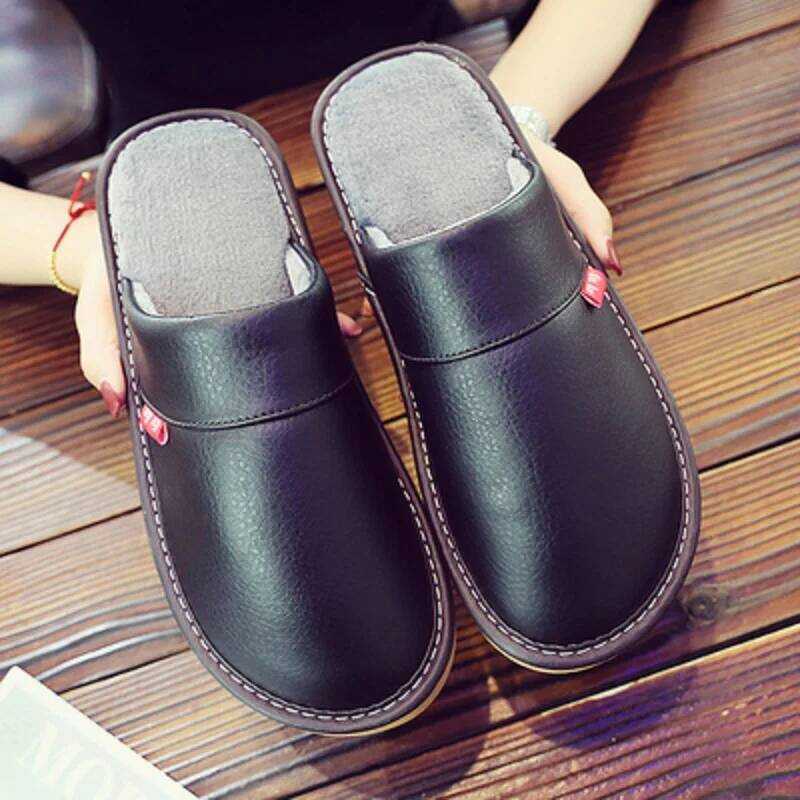 C Coffee Mens Winter Slippers Short Plush Indoor Shoes Unisex Fashion Leather Slipper Man Bedroom F