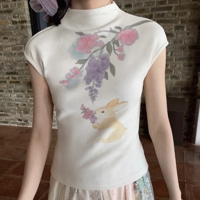 เสื้อยืดแขนสั้นลายถักดอกไม้และกระต่าย แบบคอลูก.Pod สไตล์ใหม่สำหรับฤดูร้อน