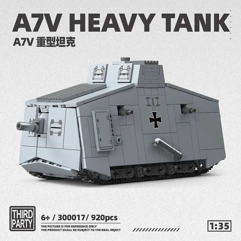 C 20Pcs Military Series Assembly Building Bloc MOC German Ww1 A7v Heavy Tank 1:35 Model Display Pie