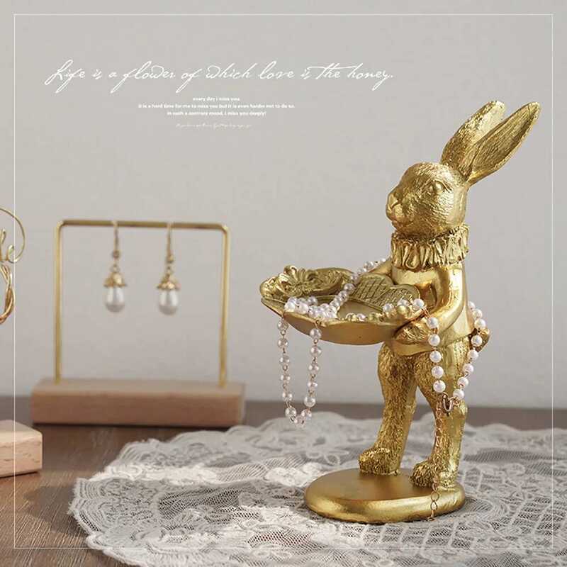 C Cute Golden B Fig Jewelry Ring Tray Decorative Easter Rabbit Statue Resin Animal Home Table Desk