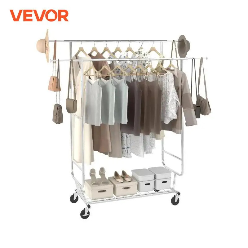 VEVOR Clothing Garment Rack Heavy Duty Clothes Rack Adjustable Length Clothes Rack w/ Bottom Shelf