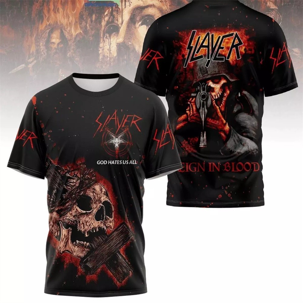 เสื้อยืดผู้ชายพิมพ์ลาย 3D Metal Rock Band Slayer สไตล์ฮิปฮอป