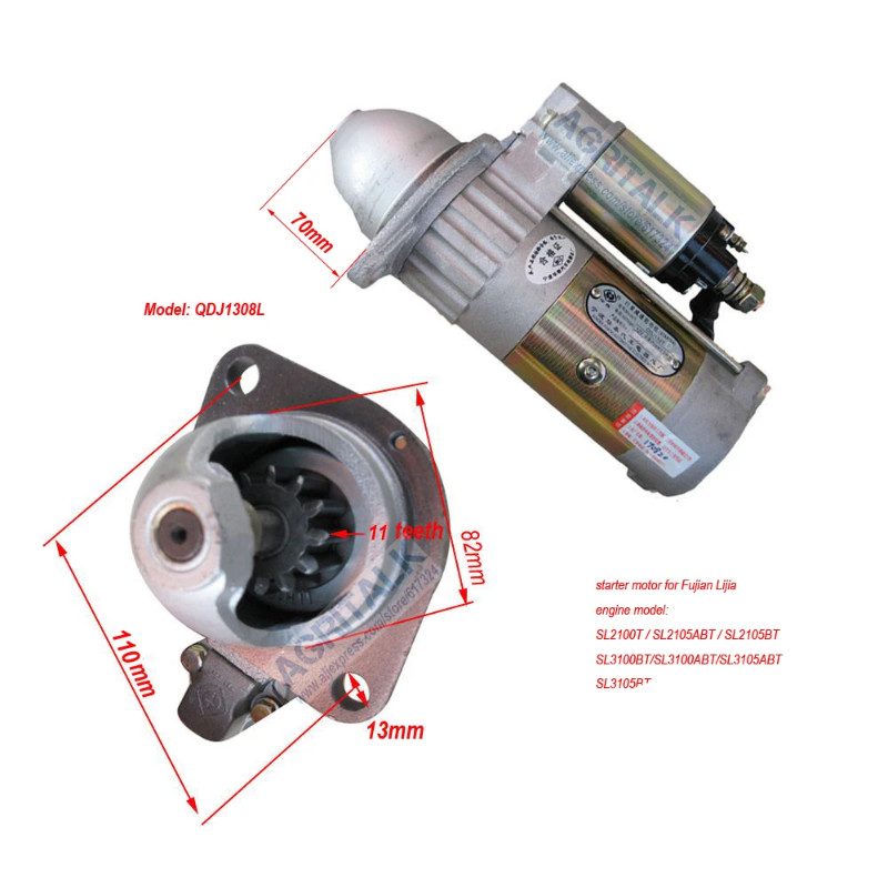 Starter motor QDJ1308L / for Lijia / SL2105T / SL2105BT / SL2105ABT / SL2108ABT / SL2110ABT / SL310