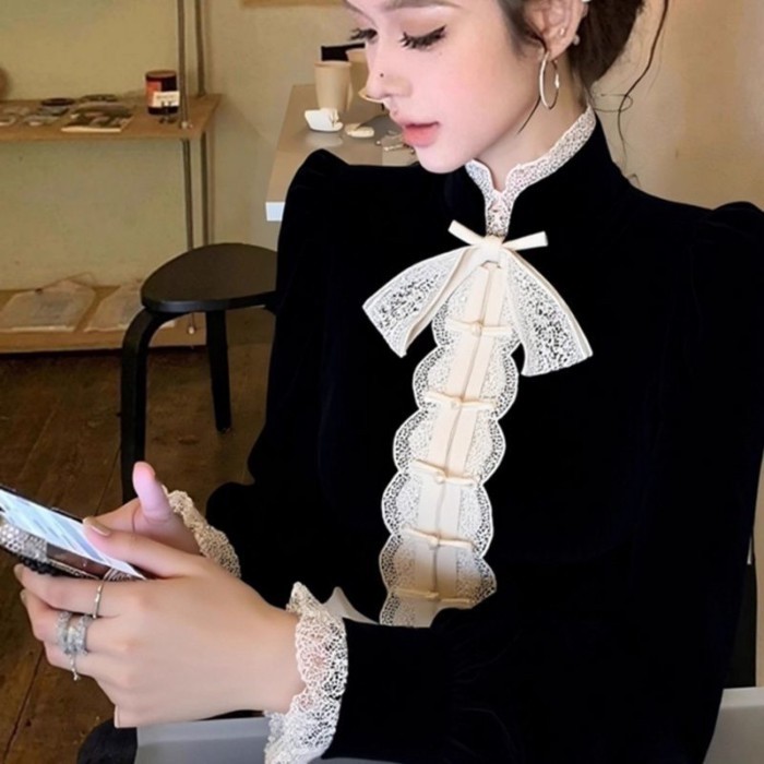 เสื้อเชิ้ตแบบจีนใหม่ สไตล์ย้อนยุค สีดำ มีสายคาดเอว