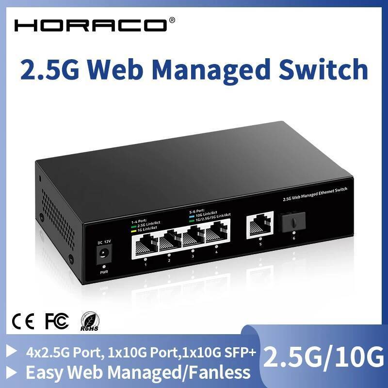 HORACO 2.5G สวิทช์ 4 พอร์ต 2.5Gb Managed Network Switch 1 10G RJ45 และ 1 10GbE SFP + สล็อต Home Lab 