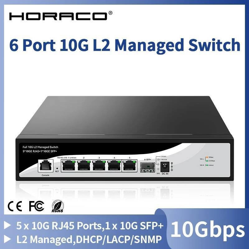 HORACO 6 พอร์ต 10Gb L2 Managed Switch สวิตช์เครือข่ายการจัดการ 10000Mbps สมาร์ท Managed Home Lab Eth