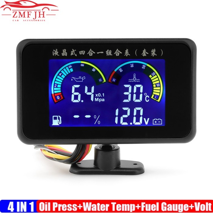 Multifunctional 4 IN 1 LCD Gauge Auto Car Oil Pressure+Water Temp+Fuel Gauge+Voltage with Sensor Bu