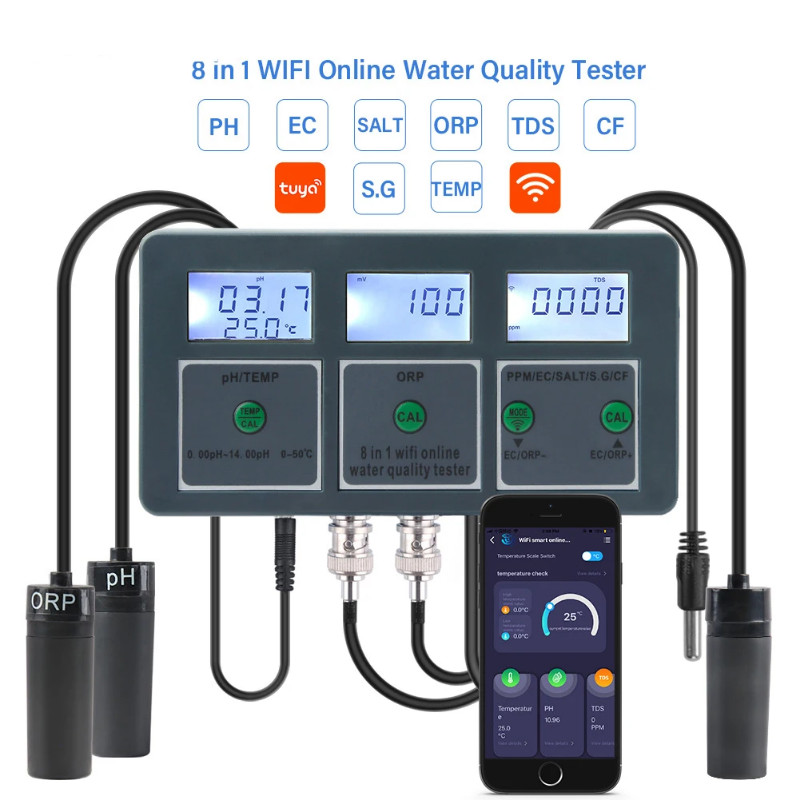 Tuya WiFi 8 in 1 Digital PH/TEMP/ORP/PPM/EC/SALT/S.G/CF Online Water Quality Tester PH Test Meter L