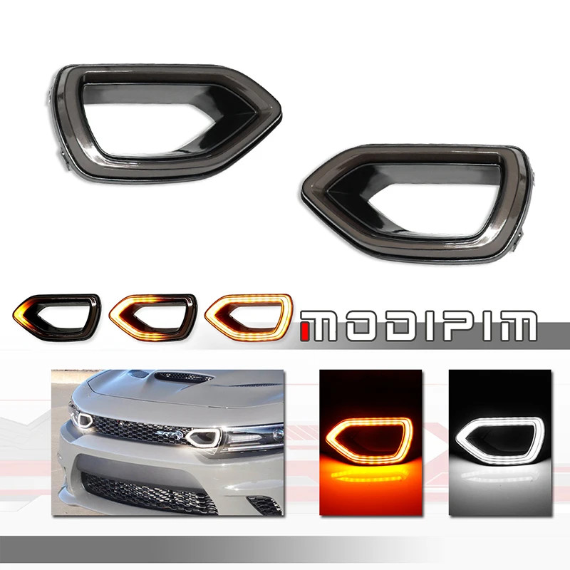Amber LED Front Grill Turn Signal Lights w/ White DRL For Dodge Charger SRT/Scat Pack & Daytona SXT
