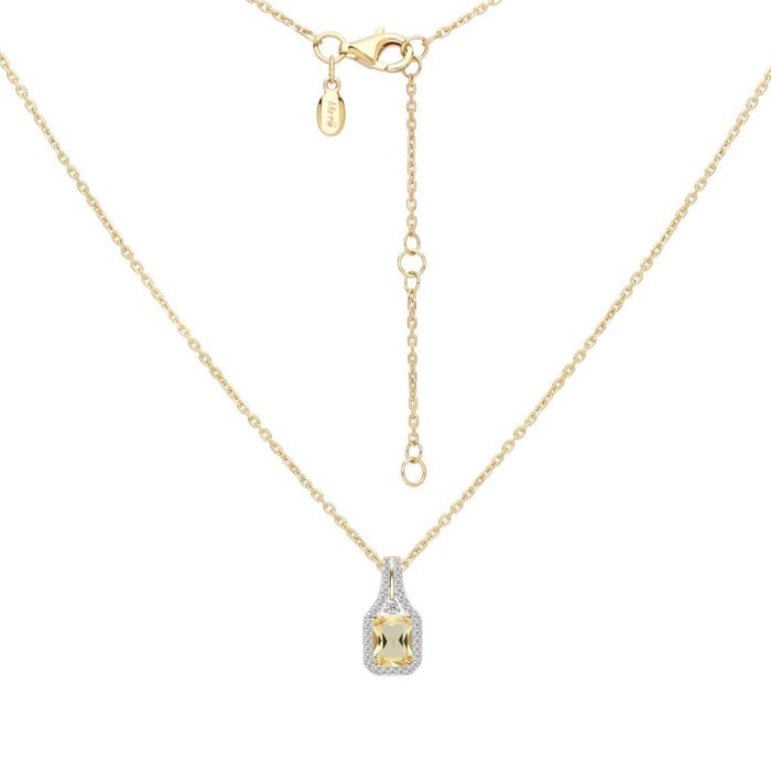 Merii สร้อยคอพร้อมจี้เงินชุบทอง 23K ประดับ Citrine Nanocrystal ทรง Octagon ล้อมเพชร CZ