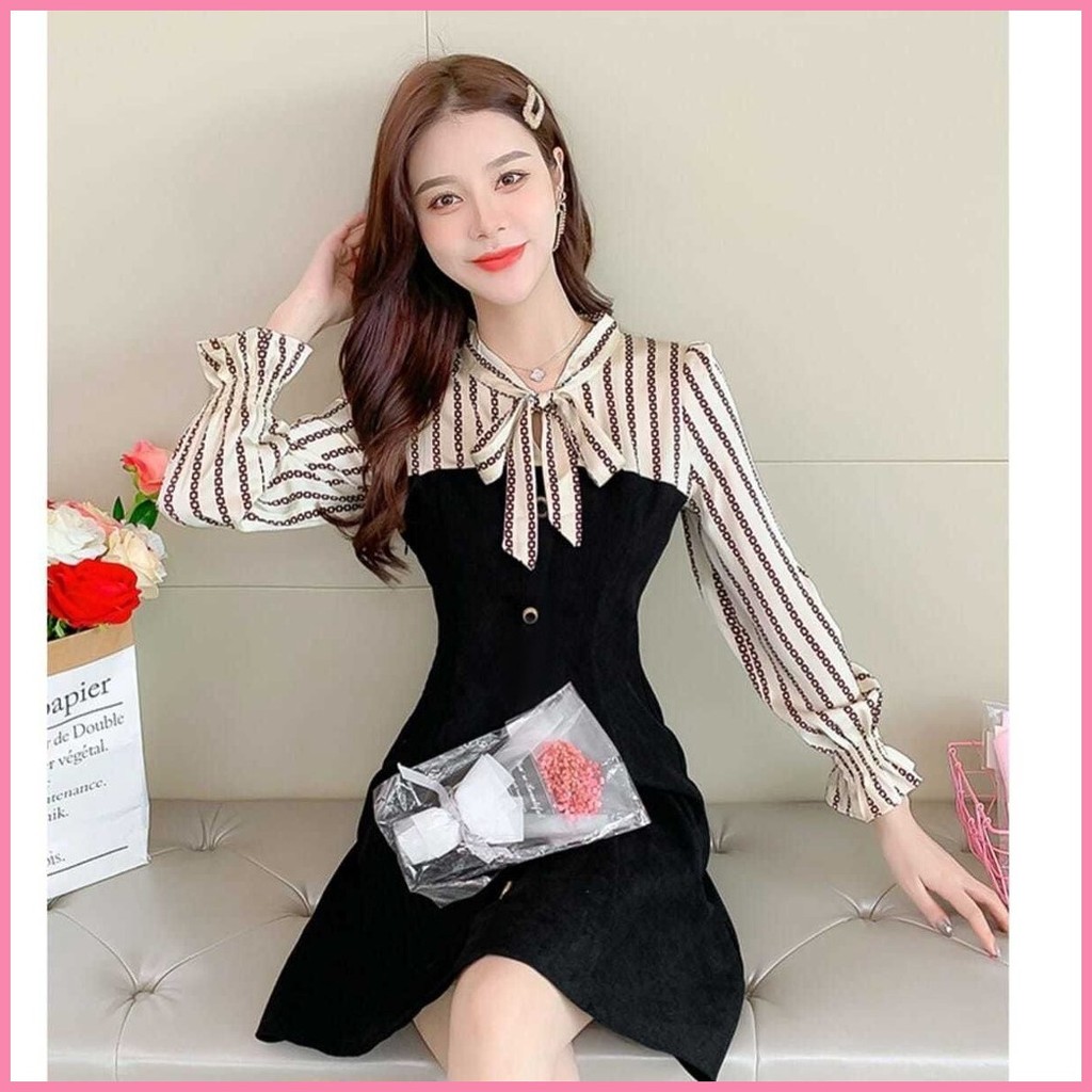พร้อมส่งสไตล์เกาหลี patchwork เอว slimming กระโปรงผู้หญิงแฟชั่นใหม่ทำงานแขนยาว A-Line ชุดเดรสเรียบง่าย