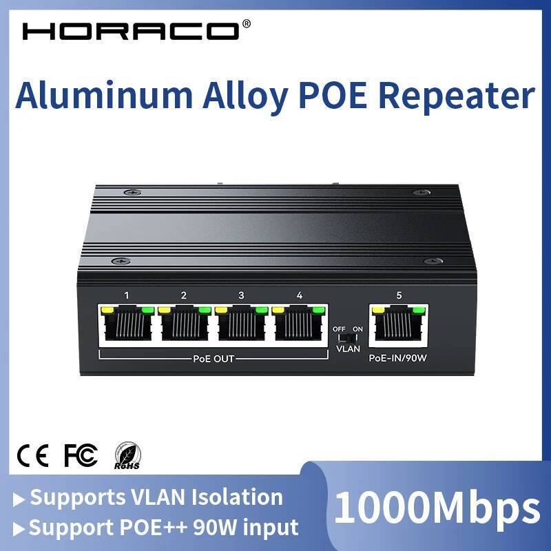 HORACO 4 พอร์ต Gigabit POE Extender อุตสาหกรรม 4 พอร์ต PoE Repeater 100/1000Mbps อลูมิเนียม DIN Rail