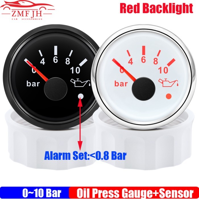 0~10Bar 2" 52mm Oil Pressure Gauge with Alarm Red LED 0~5Bar Oil Pressure Meter Indicator for Auto