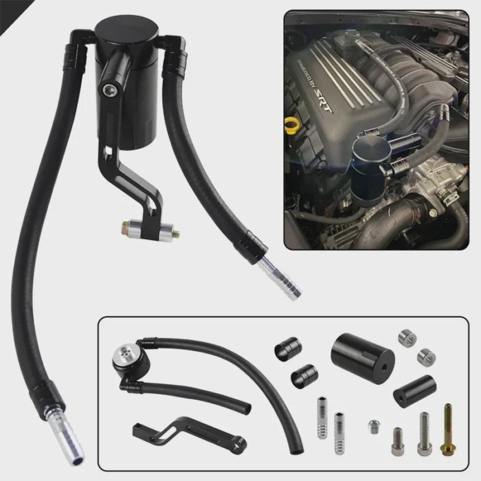 Black Billet Oil Catch Can For 6.4 392 HEMI Charger Challenger 300 Fully Assembled W/braided Hoses