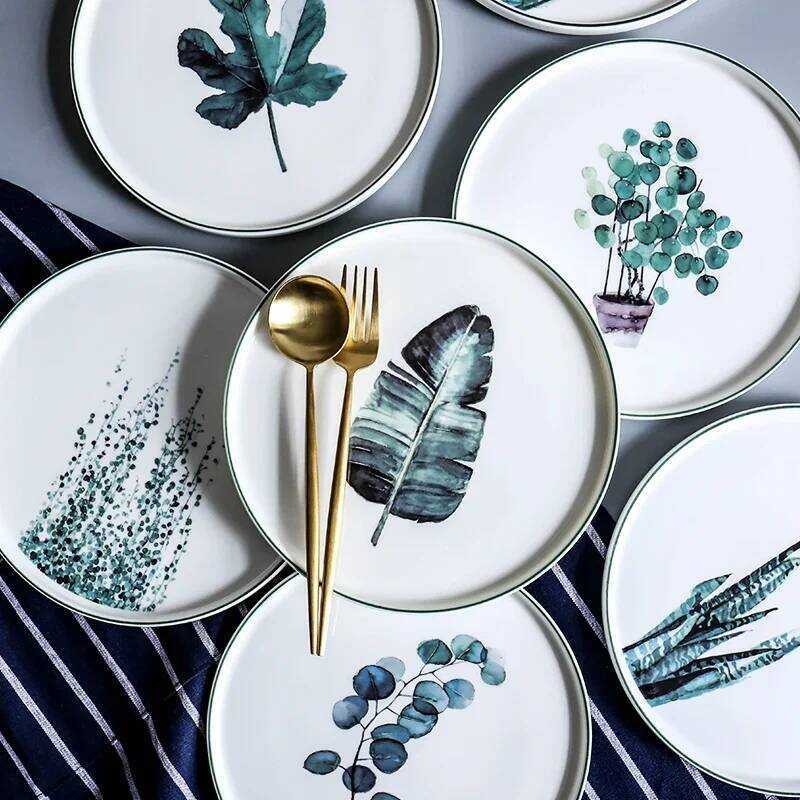 C Nordic Style Hand Painted Round Ceramics Plate Fruit Salad Plates Western Dish Set Snack Cake Dec