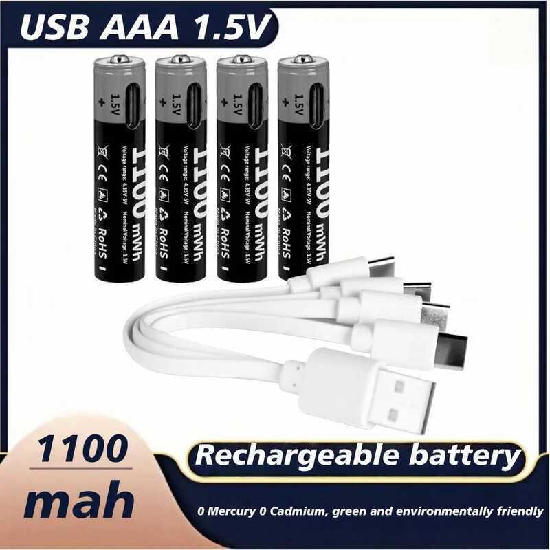 C 1.5V AAA USB Li-Ion Rechargeable Battery Aaa 1.5V 1100Mwh Lithium Batteries With 4-In-1 Cable For