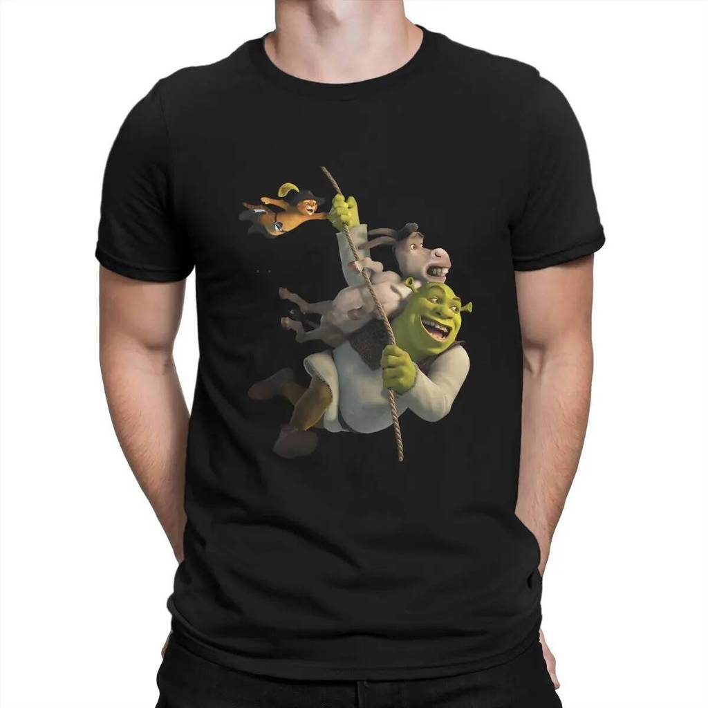 เสื้อยืดผู้ชายลายการ์ตูนภาพยนตร์ Shrek กับเพื่อน Donkey และ Puss ในรองเท้า มีสไตล์วินเทจและกรุนจ์ เห